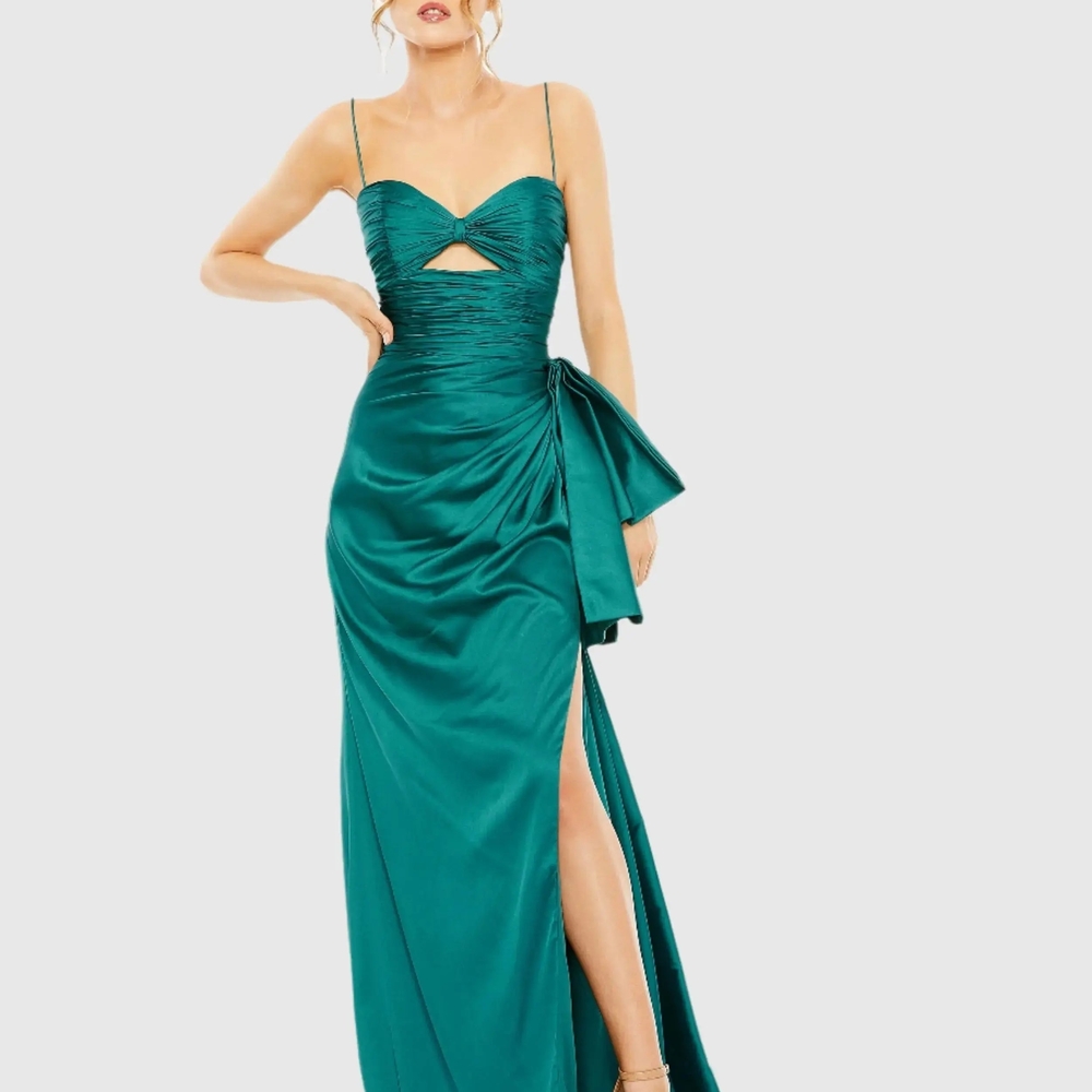 Mac Duggal Teal Satin Ruched Gown with Side Bow and Slit